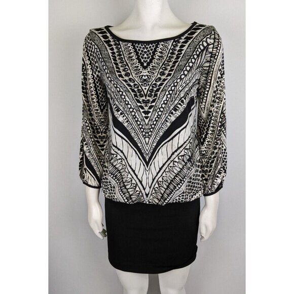 NICOLE BY NICOLE MILLER - WOMEN'S BLACK & CREAM PRINT STRETCH BLOUSON DRESS - S - Picture 3 of 11